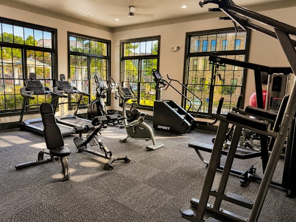 A gym with treadmills, elliptical machines, and a weight machine.