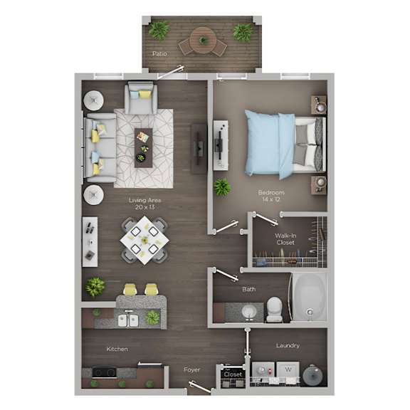 A floor plan of a small apartment with a living area, kitchen, bathroom, and bedroom.