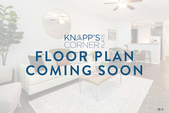A modern living room with a white sofa and a text overlay that reads "Knapp's Corner Floors Coming Soon".