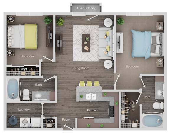 A floor plan of a Juliet balcony apartment with two bedrooms, a living room, a kitchen, a bathroom, a laundry area, and a foyer.