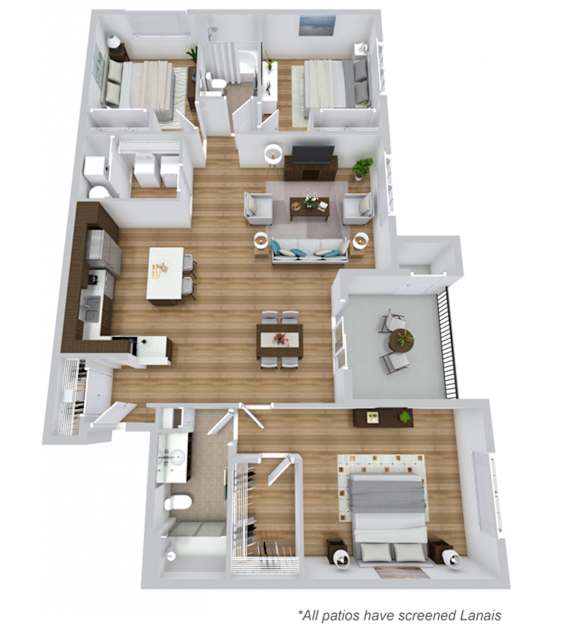 A floor plan of a house with a note that all patios have screened lanais.