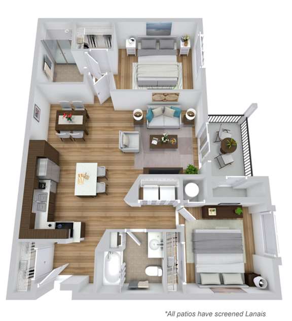 A 3D floor plan of a house with a note that all patios have screened lanais.