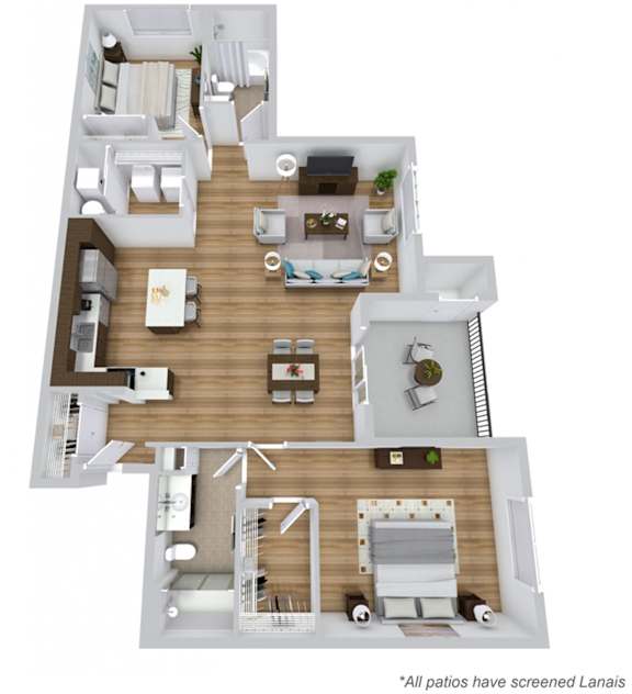 A 3D layout of a house with a note that all patios have screened lanais.