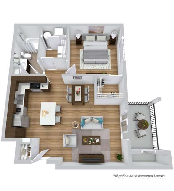 A 3D floor plan of a house with a kitchen, living room, and bedrooms.