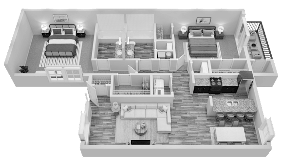 A detailed 3D floor plan of a house showing all rooms and their furnishings.