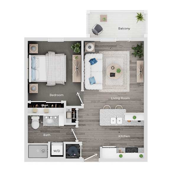 A diagram shows a floor plan of a small apartment with a balcony, living room, kitchen, bath, and bedroom.
