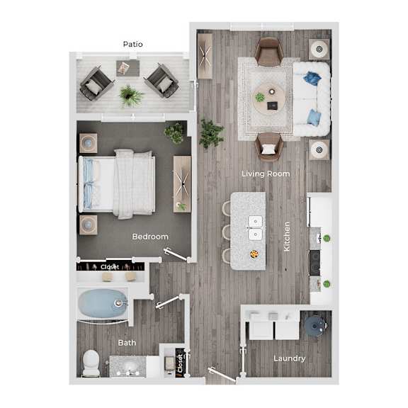 A floor plan of a house showing a living room, kitchen, bedroom, bathroom, laundry, and patio.