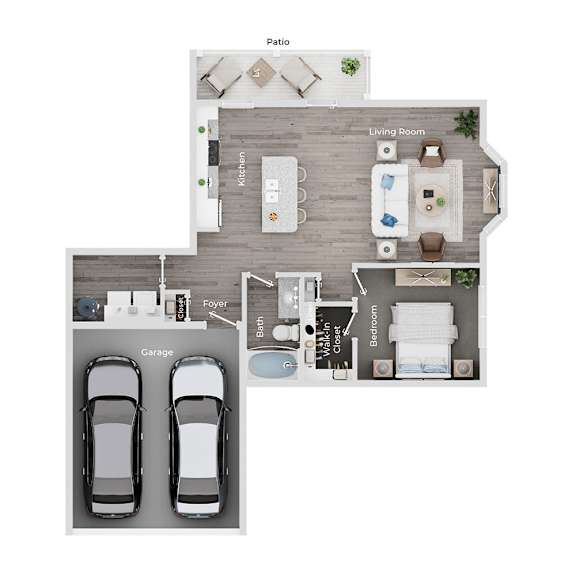 A floor plan of a house showing a living room, kitchen, two bedrooms, a bathroom, a garage, and a patios.
