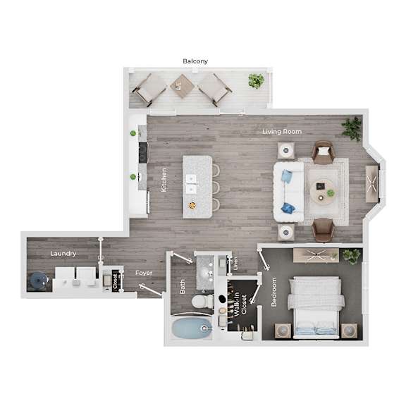 A floor plan of a house showing a living room, kitchen, bathroom, and laundry area.
