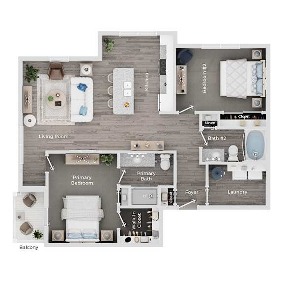 A floor plan of a house showing a living room, two bedrooms, a laundry room, and a balcony.