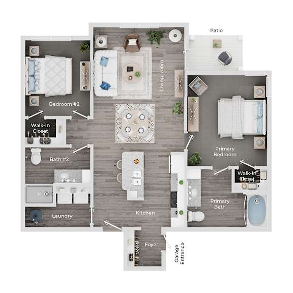 A floor plan of a house with labeled rooms such as Bedroom #2, Bath #2, Kitchen, and Patio.