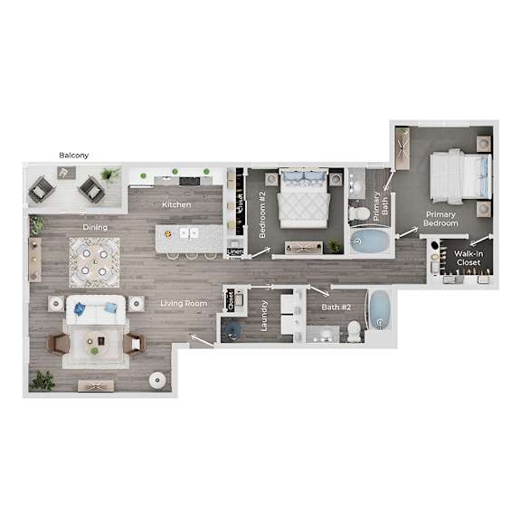 A floor plan of a house showing a living room, dining room, kitchen, laundry, and two bedrooms.