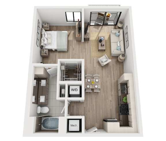 A top-down view of a small apartment with a bedroom, living room, and bathroom.