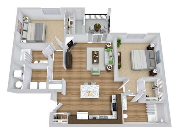 A top-down view of a house layout with a kitchen, living room, and bedrooms.
