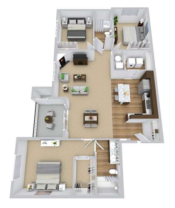 A 3D floor plan of a house showing a living room, kitchen, dining room, and bedrooms.