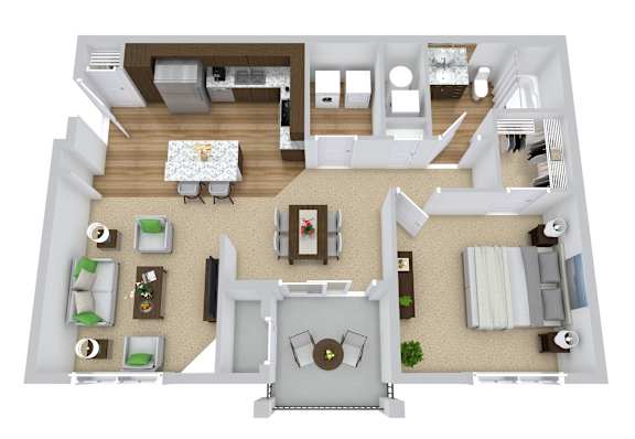 A 3D floor plan of a house with a kitchen, living room, dining room, and bedrooms.