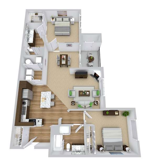 A 3D floor plan of a house with a living room, kitchen, and two bedrooms.
