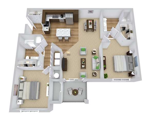 A 3D floor plan of a house with a kitchen, living room, dining room, and bedrooms.