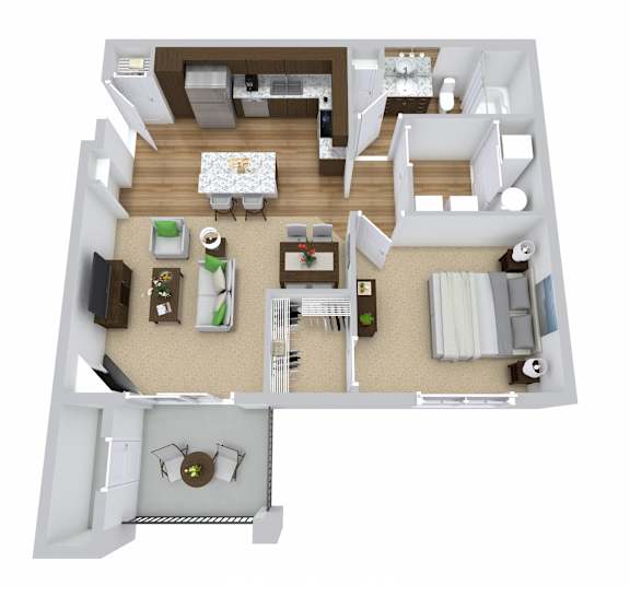 A 3D floor plan of a house with a kitchen, living room, and bedrooms.