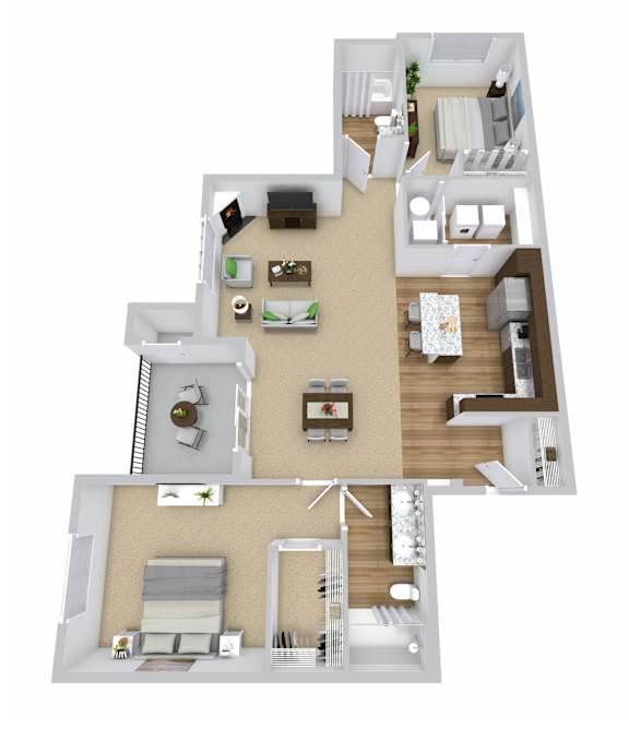 A 3D floor plan of a house with a living room, kitchen, dining room, and bedrooms.