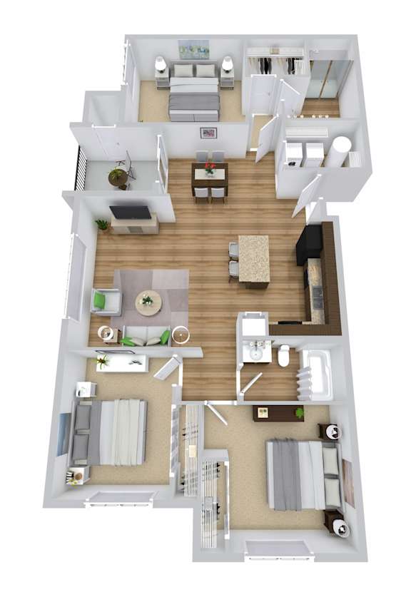 A top-down view of a house layout with a living room, kitchen, and bedrooms.