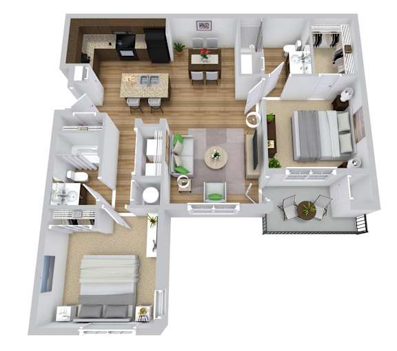 A top-down view of a house layout with a kitchen, living room, dining room, and bedrooms.
