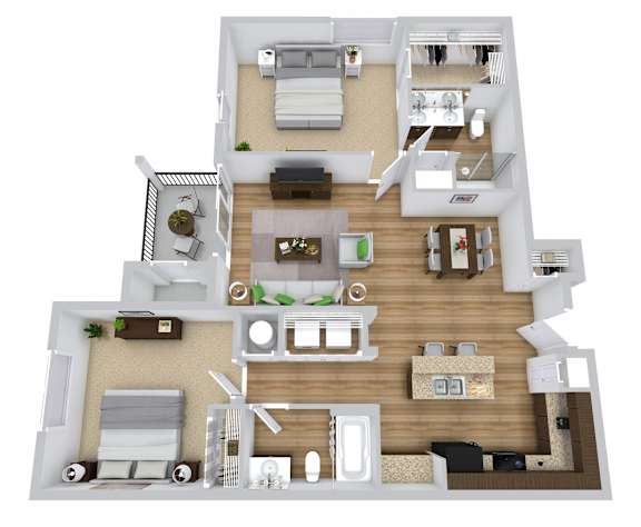 A top-down view of a modern apartment layout with a kitchen, living room, and bedrooms.
