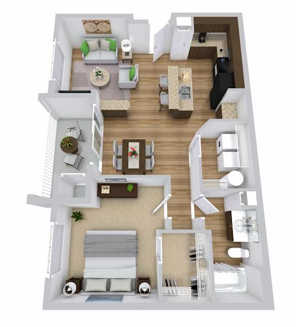 A top-down view of a modern apartment layout with a living room, kitchen, dining area, and bedrooms.