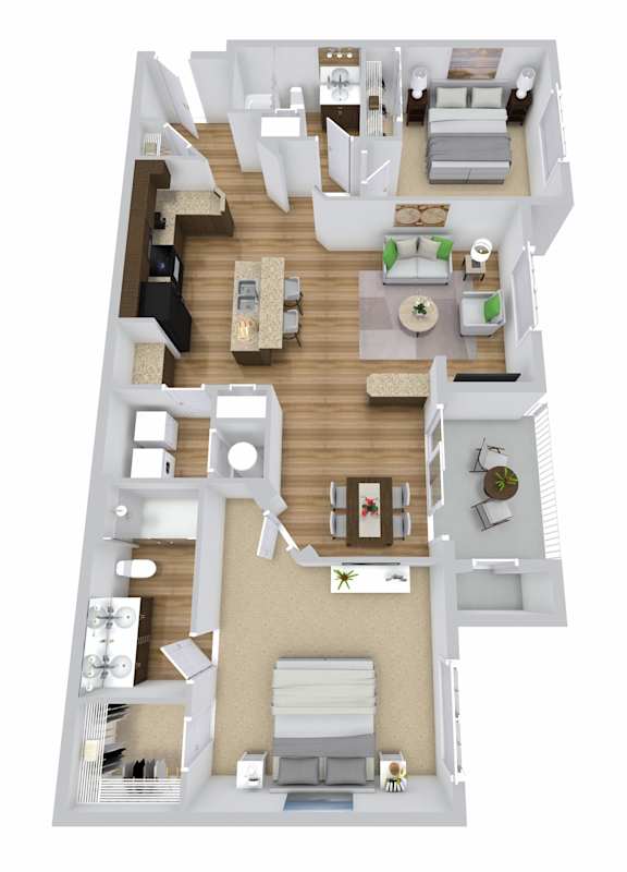 A 3D floor plan of a house with a kitchen, living room, bedrooms, and bathrooms.