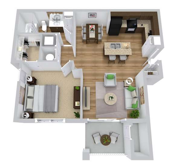 A 3D floor plan of a house showing a living room, kitchen, dining room, and bedrooms.