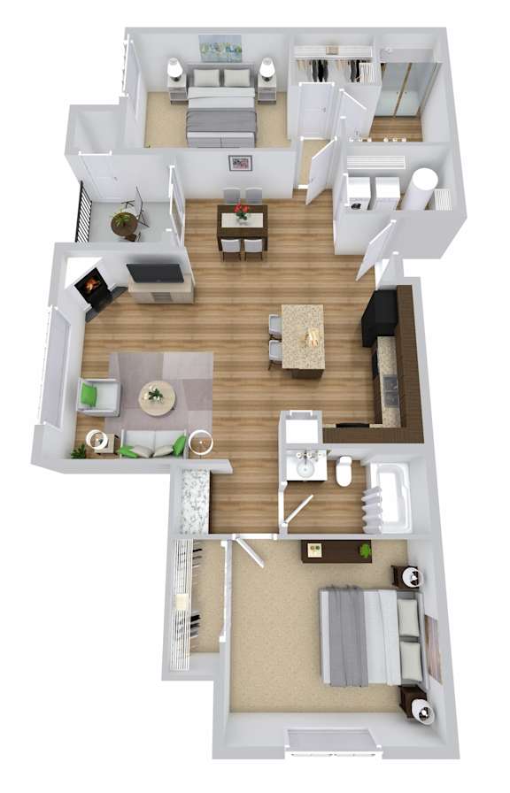 A top-down view of a modern apartment layout.