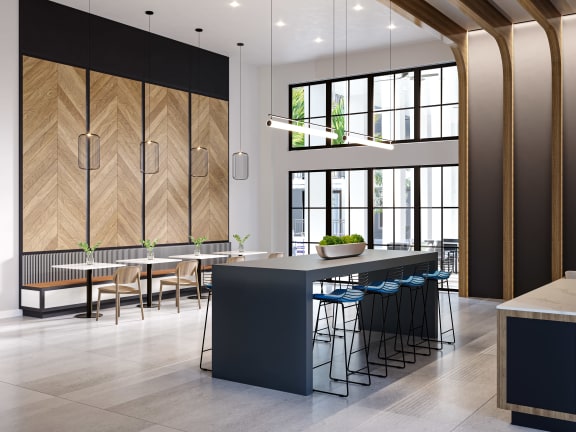 a rendering of a large kitchen with a long island with blue bar stools and tables at Leena Plantation, Plantation, 33322