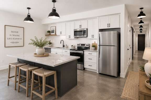 A kitchen with a fridge, stove, and bar stools.