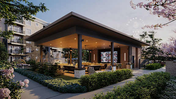a rendering of a patio with tables and chairs