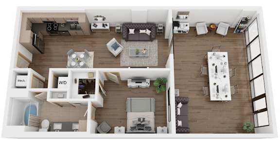 A top-down view of a modern apartment layout.