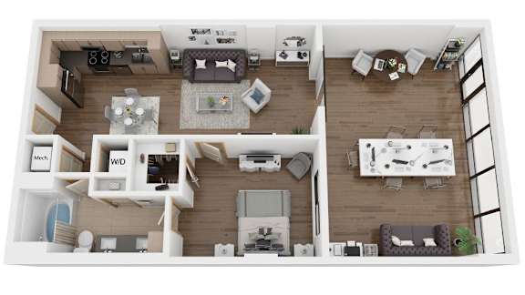 A top-down view of a modern apartment layout with labeled rooms.
