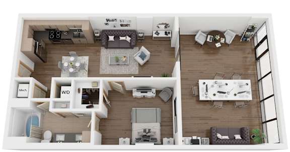 A top-down view of a modern apartment layout with a kitchen, living room, dining area, and two bedrooms.