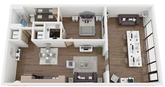 A top-down view of a modern apartment layout with a kitchen, living room, and bedrooms.