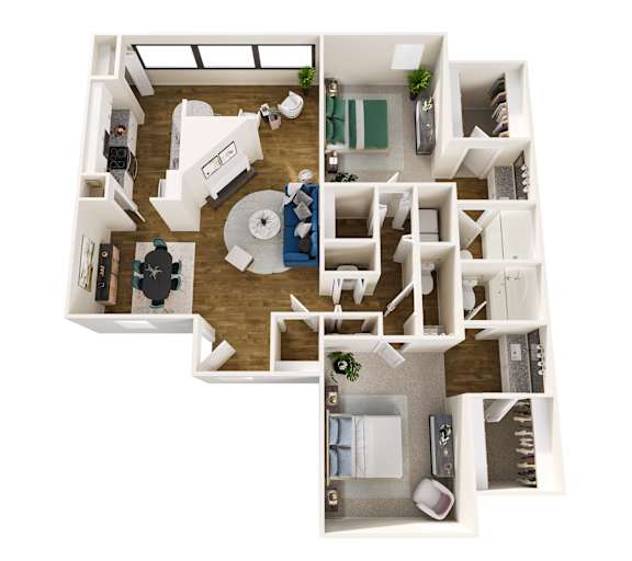 A top-down view of a small apartment with a kitchen, living room, and bedroom.