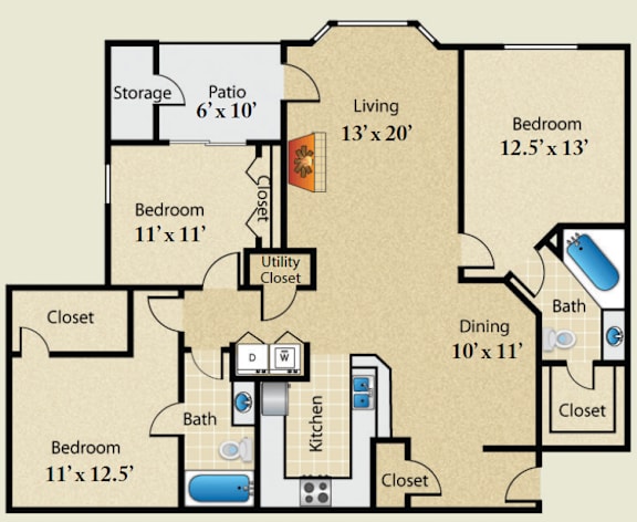 A floor plan of a house with a living room, two bedrooms, a patio, and a kitchen.