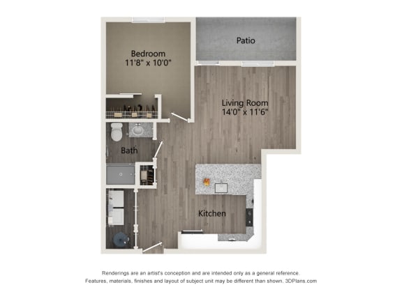 a floor plan of a studio apartment with a bedroom and a living room