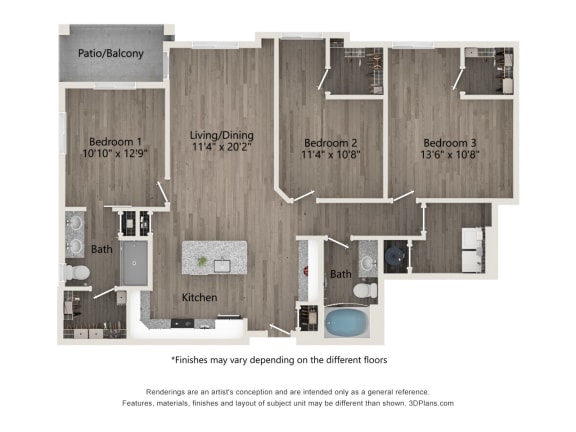 plan 2 bedroom with 2 baths 1190 square feet