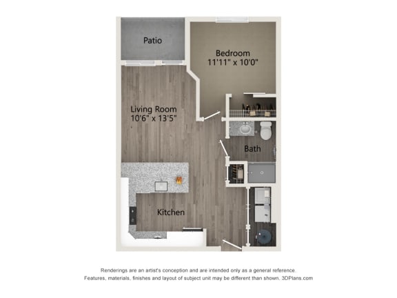 a floor plan of a studio apartment with a bedroom and a living room