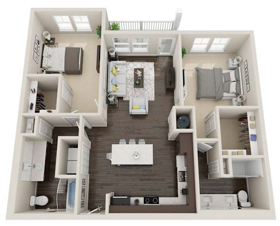 A top-down view of a small apartment with a kitchen, living room, and bedroom.