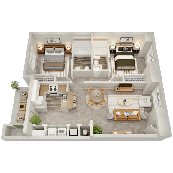 A 3D floor plan of a house with two bedrooms, a living room, a kitchen, and a bathroom.