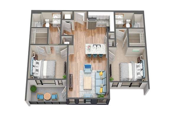 A 3D floor plan of a house with a living room, dining room, kitchen, and bedrooms.