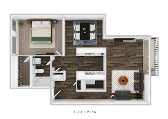 A floor plan of a room with a bed, a couch, a table, and a chair.