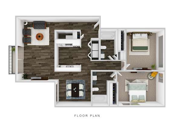 A floor plan of a small apartment with a kitchen, living room, and two bedrooms.