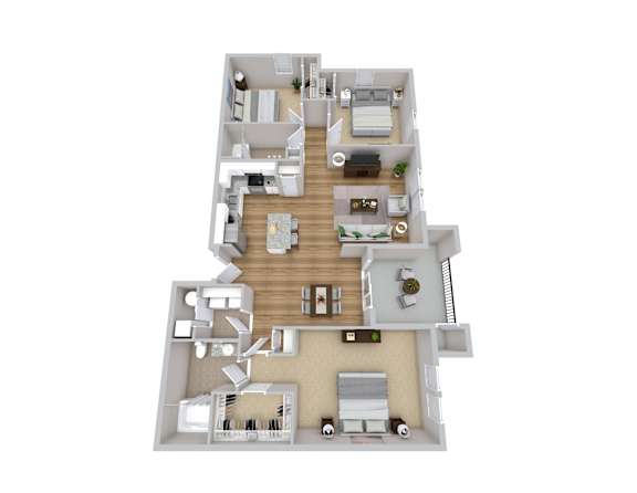 A 3D floor plan of a two-story house with a living room, kitchen, and bedrooms.