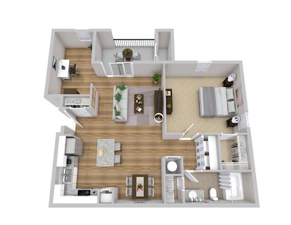 A 3D floor plan of a house with a living room, kitchen, dining room, and bedrooms.